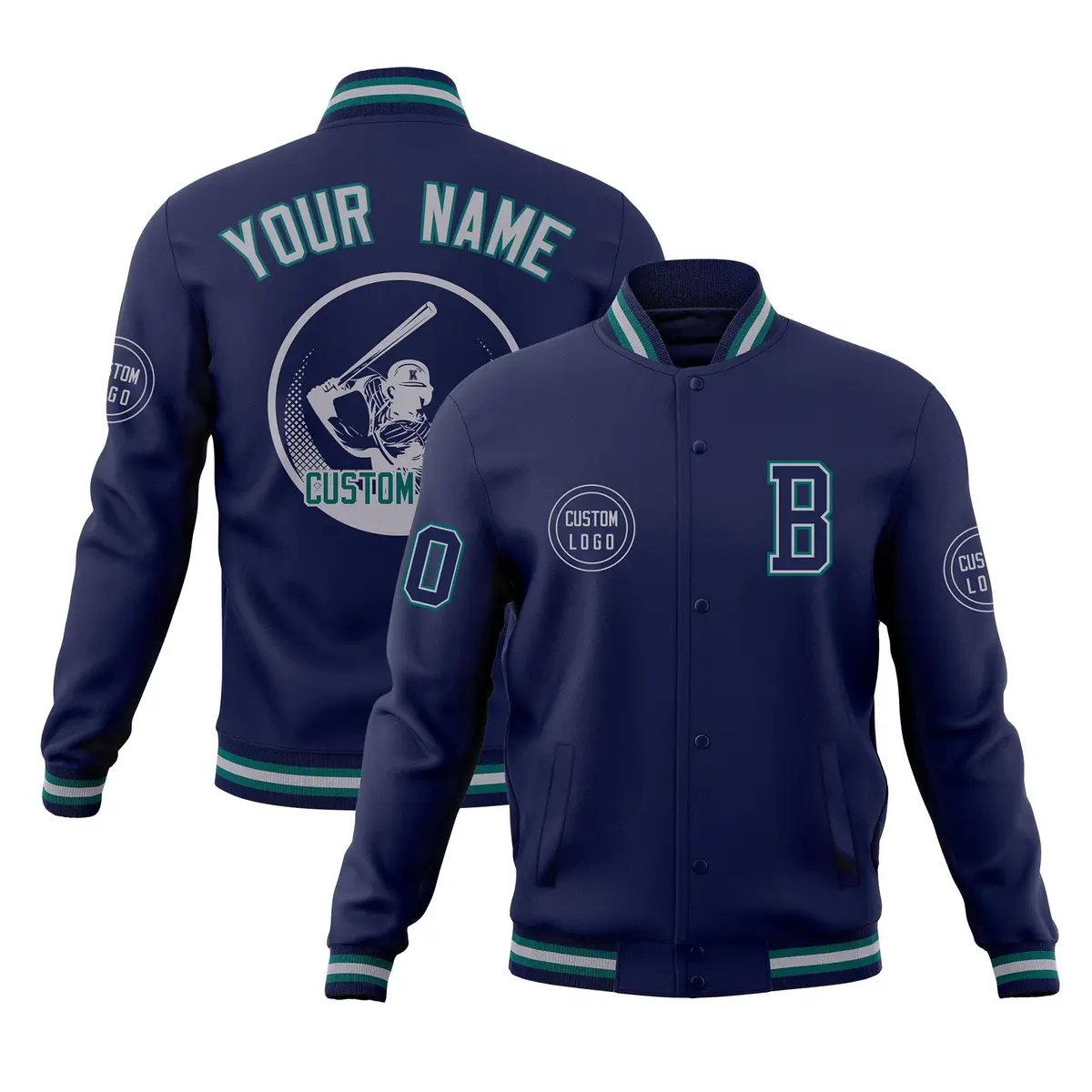 Navy Full-Snap Varsity Letterman Baseball Jacket