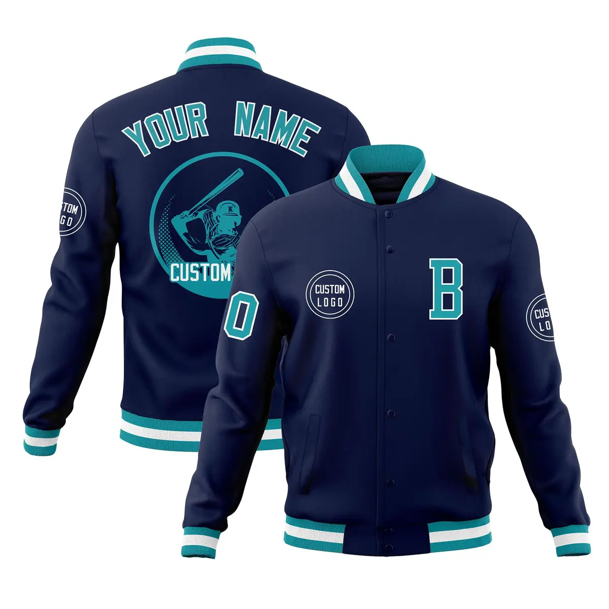 Navy Full-Snap Varsity Letterman Baseball Jacket