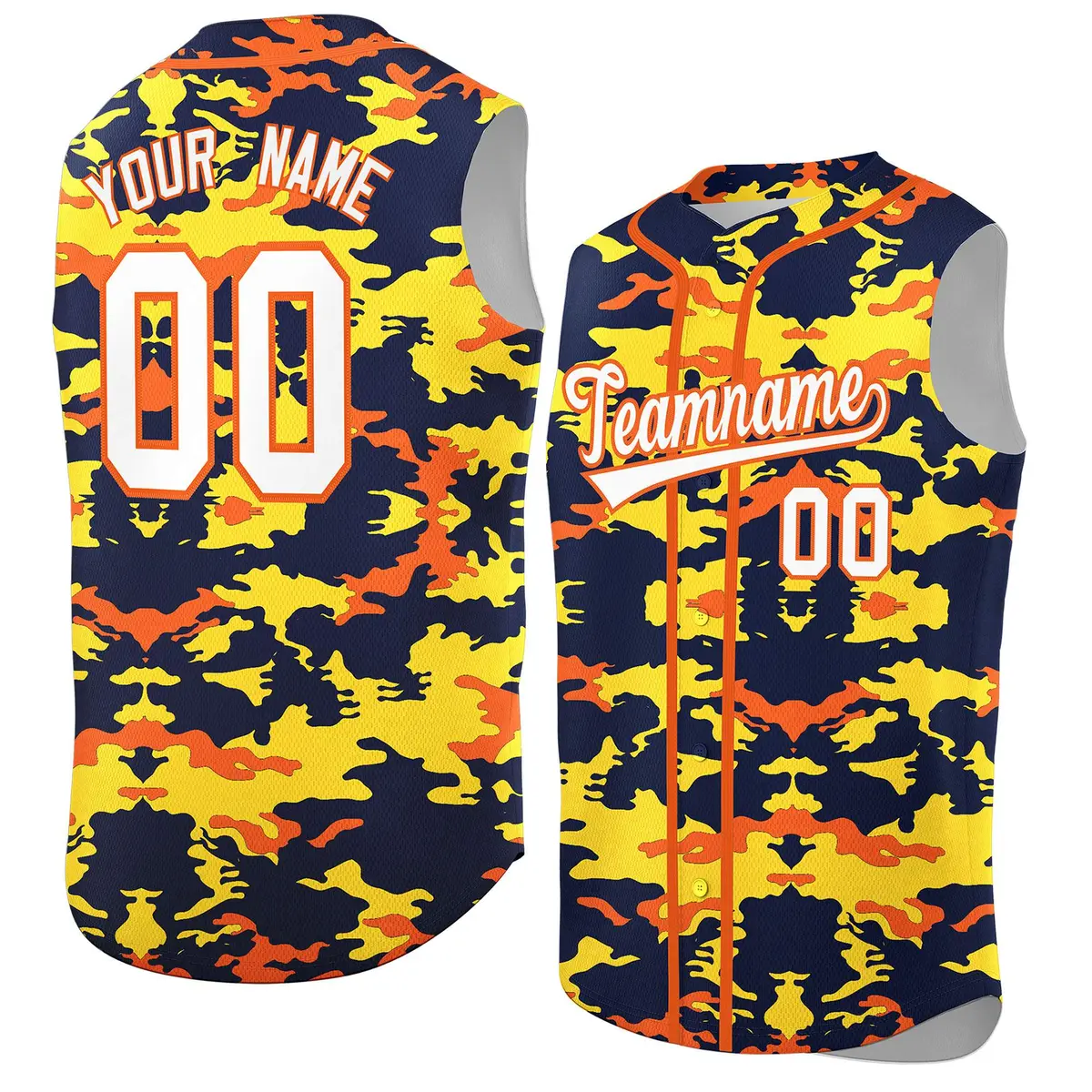 Navy Gold and Orange Camo Sleeveless Baseball Jersey