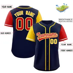 Navy Gold and Red Raglan Sleeves Baseball Jersey 2