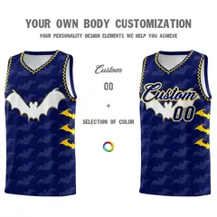 Navy Gold Bat Pattern Halloween Basketball Jersey 3