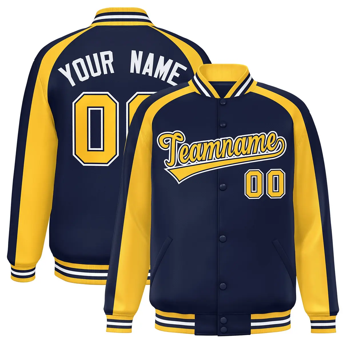 Navy Gold Color Block Raglan Varsity Letterman Jacket