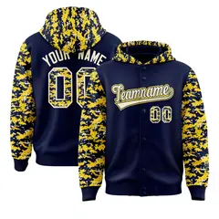 Navy Gold-Cream Raglan Camo Varsity Letterman Jacket Hoodie