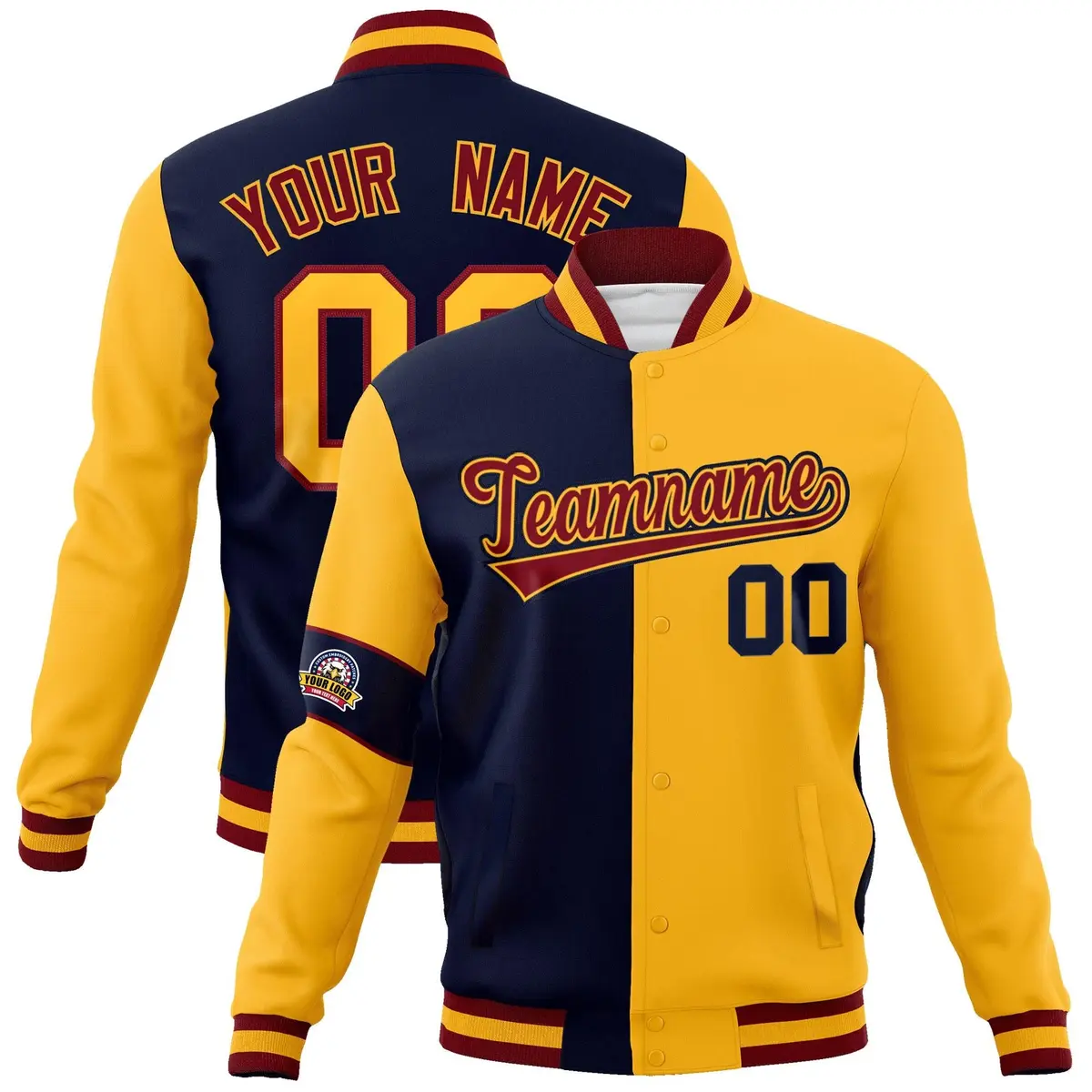 Navy Gold-Crimson Two Tone Split Letterman Varsity Jacket