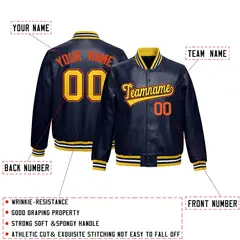 Navy Gold Faux Leather Letterman Jacket Full-Snap Varsity 2