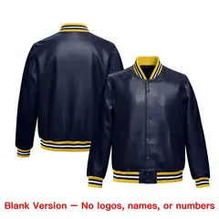 Navy Gold Faux Leather Letterman Jacket Full-Snap Varsity 6