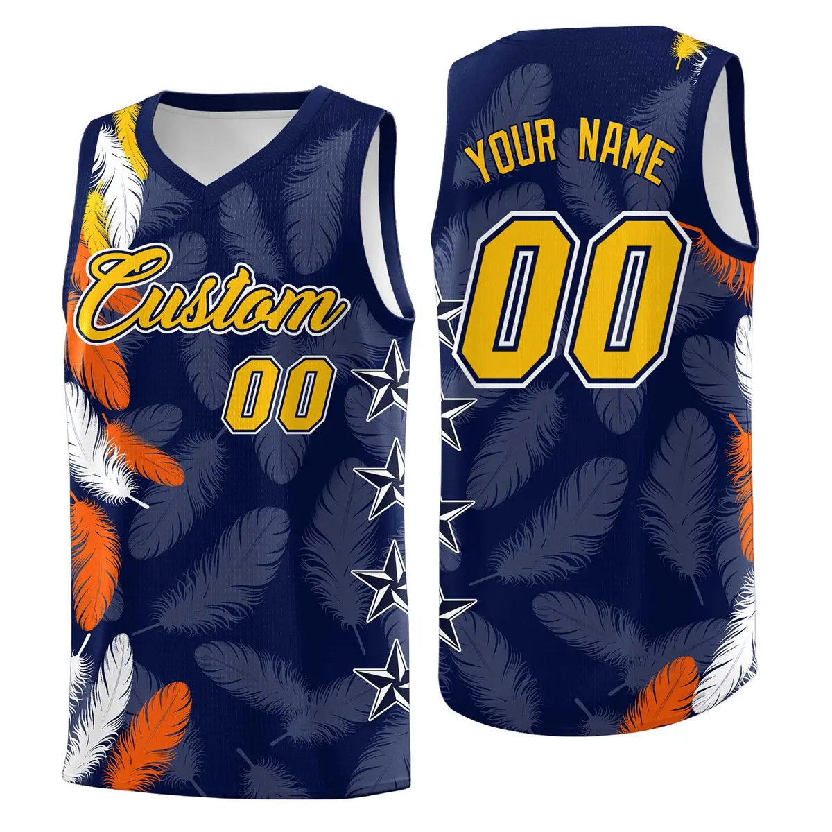 Navy Gold Feather Graffiti Pattern Basketball Jersey