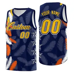 Navy Gold Feather Graffiti Pattern Basketball Jersey 1