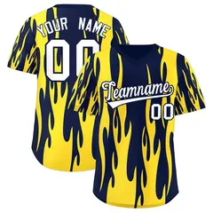 Navy Gold Flame Pattern Pullover Baseball Jersey