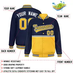 Navy Gold Full-Snap Color Block Varsity Letterman Jacket 2