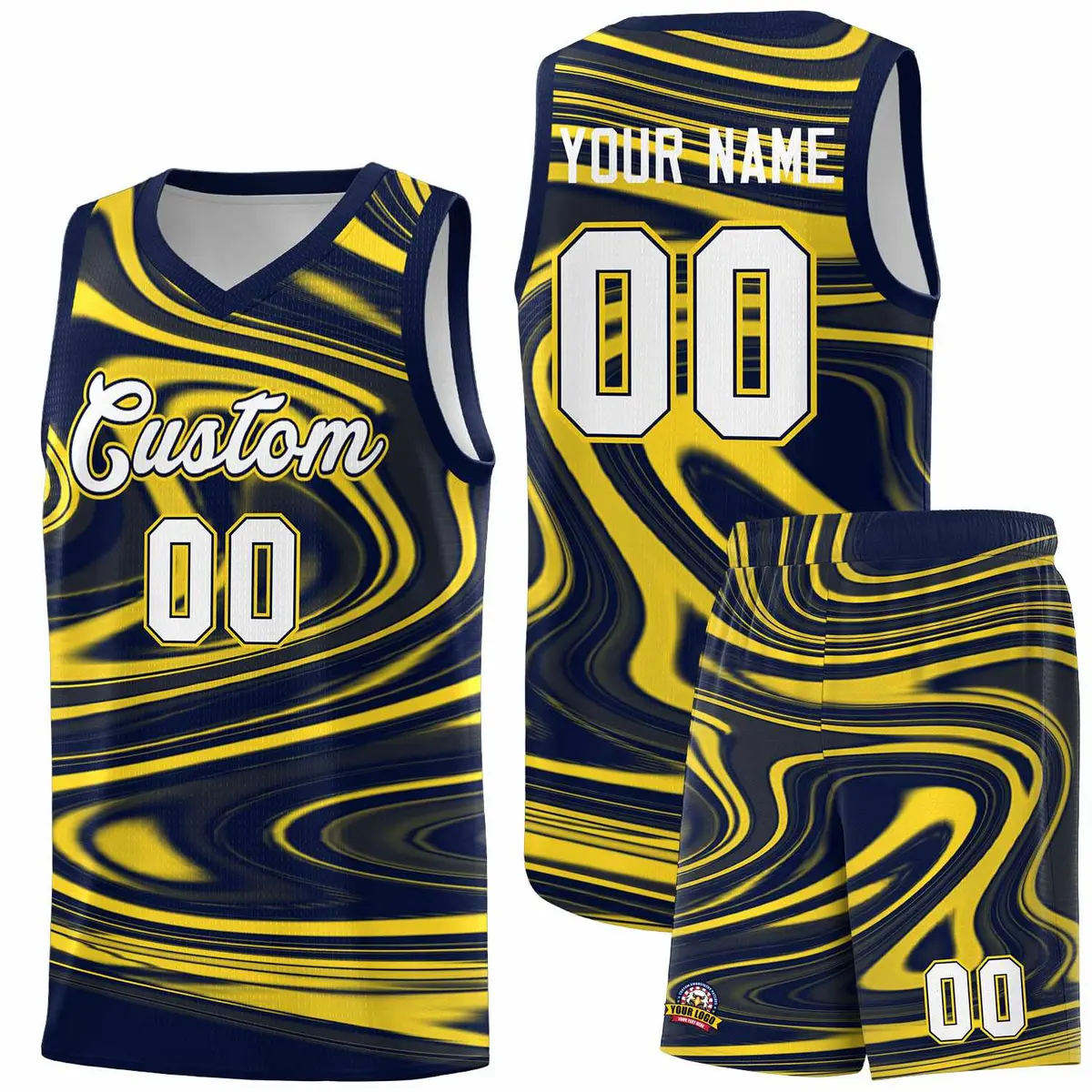 Navy Gold Graffiti Fluids Basketball Uniform Jersey Sets