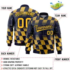 Navy Gold Grid Color Block Letterman Varsity Bomber Jacket 2