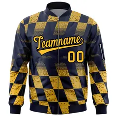 Navy Gold Grid Color Block Letterman Varsity Bomber Jacket 3