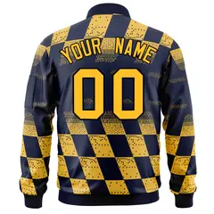 Navy Gold Grid Color Block Letterman Varsity Bomber Jacket 4