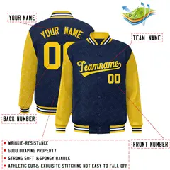 Navy Gold L Pattern Raglan Sleeves Letterman Baseball Jacket 2