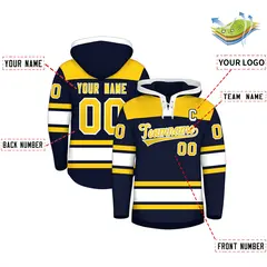 Navy Gold Lace-Up Neck Raglan Hockey Hoodie Jersey 2