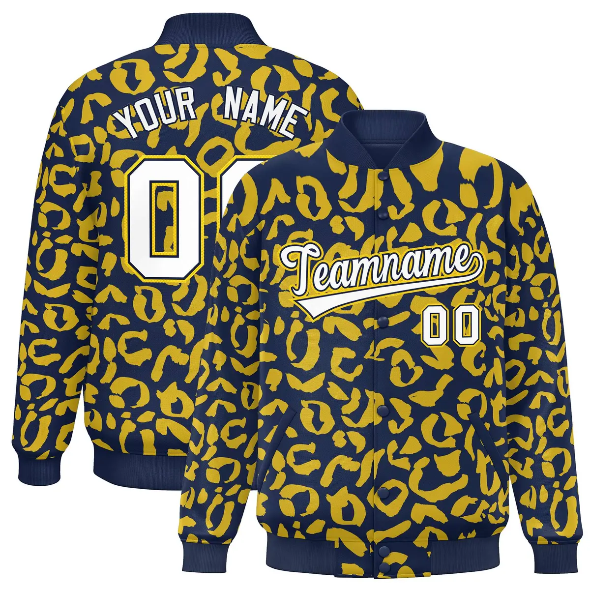 Navy Gold Leopard Graffiti Varsity Letterman Jacket