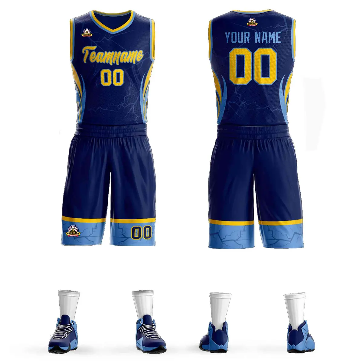 Navy Gold-Light Blue Graffiti Lightning Basketball Jersey