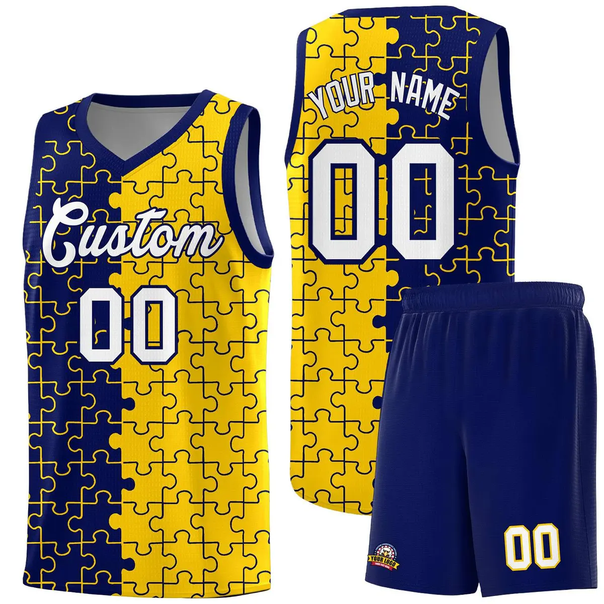 Navy Gold Puzzle Pattern Splid Basketball Kits