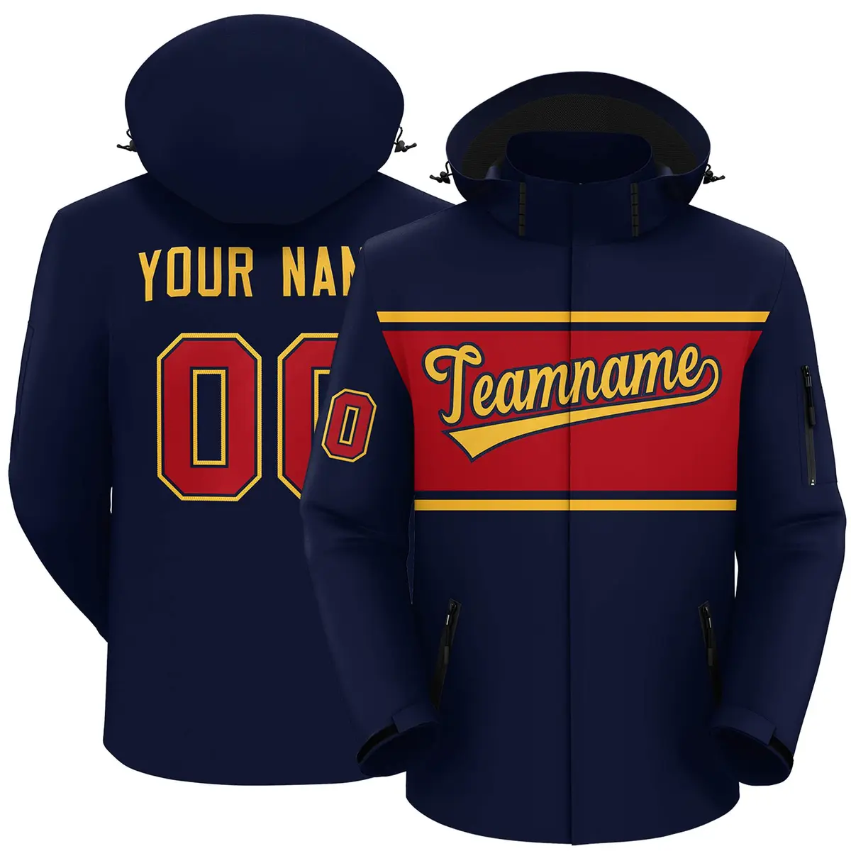 Navy Gold-Red Color Block Hooded Waterproof Outdoor Jacket