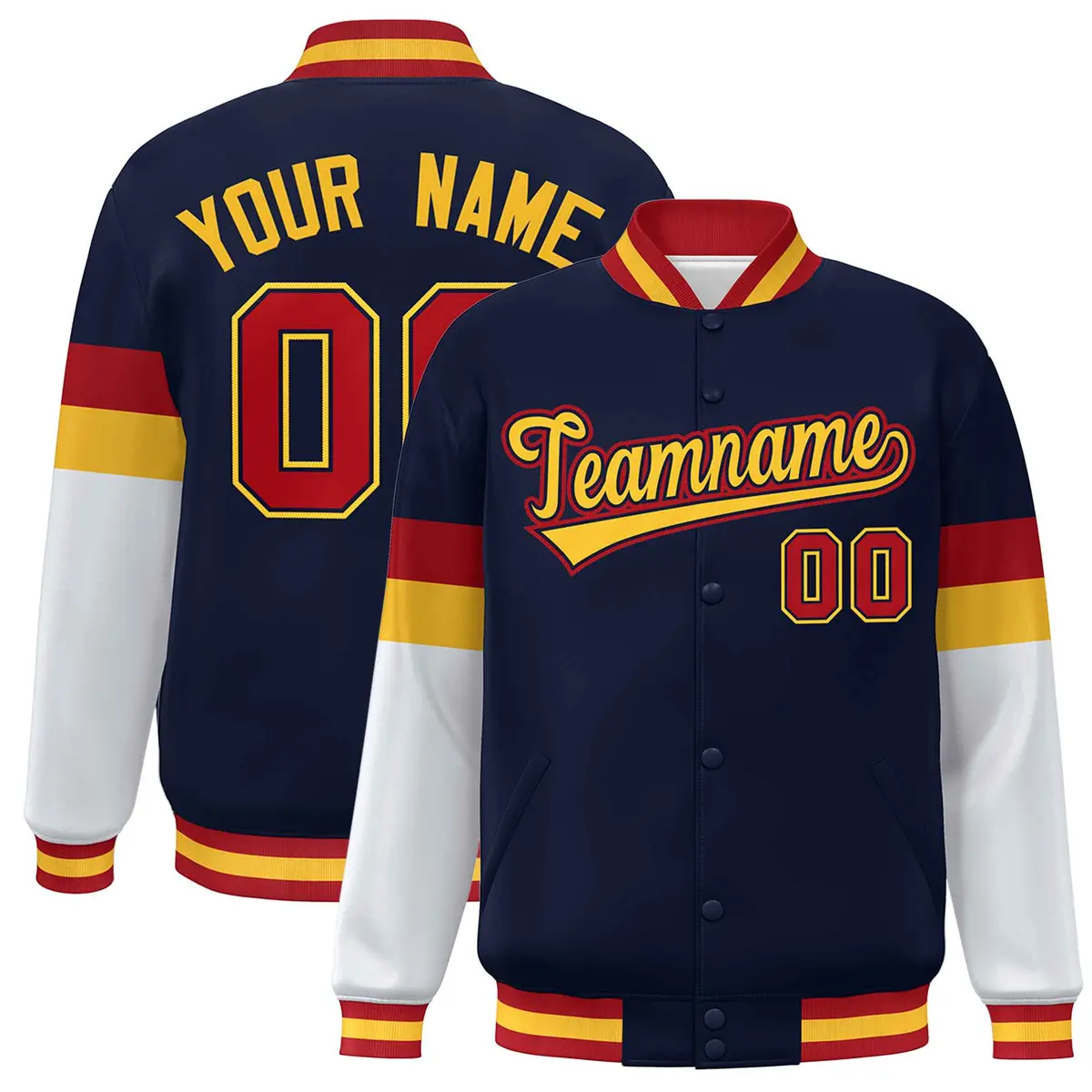 Navy Gold-Red Color Block Varsity Full-Snap Baseball Jacket