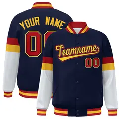 Navy Gold-Red Color Block Varsity Full-Snap Baseball Jacket 1