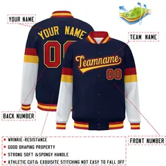 Navy Gold-Red Color Block Varsity Full-Snap Baseball Jacket 2