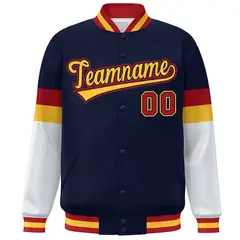 Navy Gold-Red Color Block Varsity Full-Snap Baseball Jacket 3