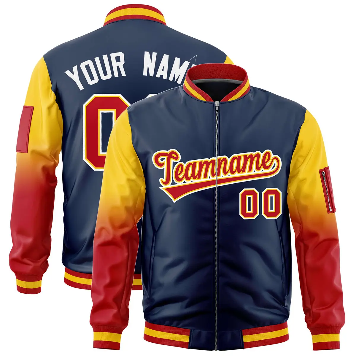 Navy Gold-Red Gradient Raglan Varsity Full-Zip Letterman Bomber Jacket