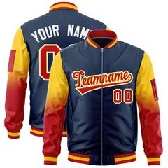 Navy Gold-Red Gradient Raglan Varsity Full-Zip Letterman Bomber Jacket 1