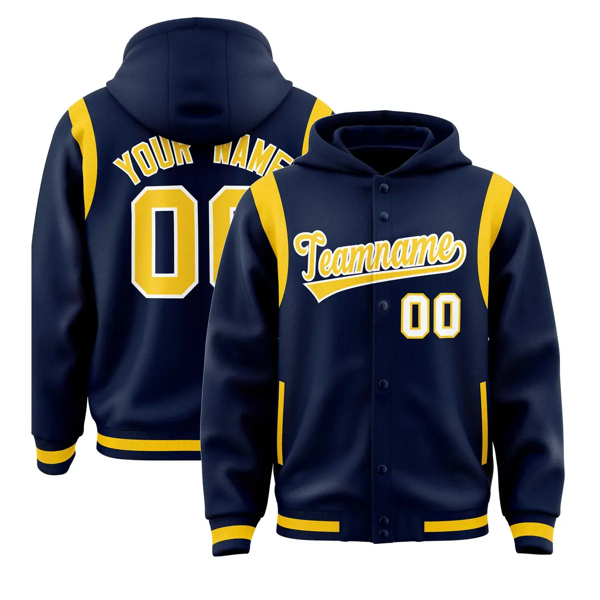 Navy Gold Shoulder Color Block Varsity Letterman Jacket Hoodie
