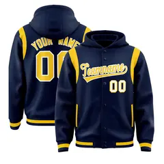 Navy Gold Shoulder Color Block Varsity Letterman Jacket Hoodie