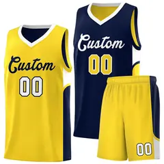 Navy Gold Side U-shaped Pattern Double Side Basketball Jersey