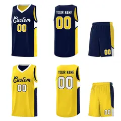 Navy Gold Side U-shaped Pattern Double Side Basketball Jersey 2