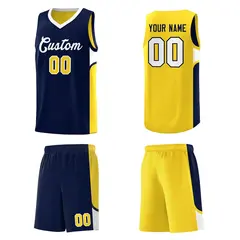 Navy Gold Side U-shaped Pattern Double Side Basketball Jersey 5