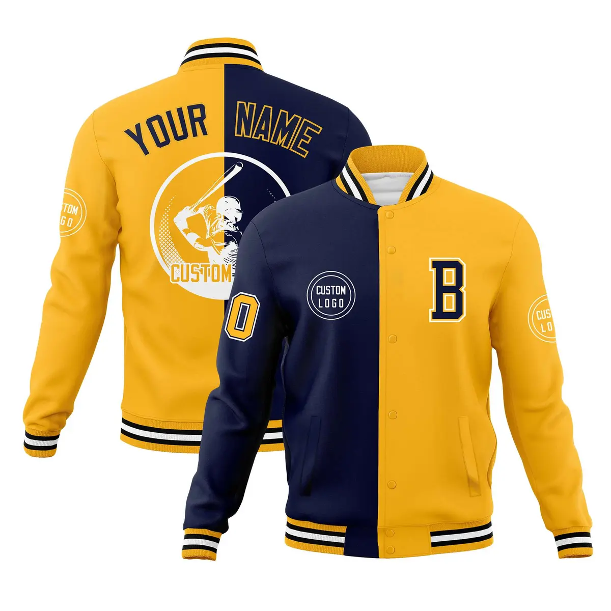 Navy Gold Split Full-Snap Varsity Letterman Baseball Jacket