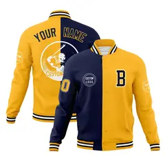 Navy Gold Split Full-Snap Varsity Letterman Baseball Jacket