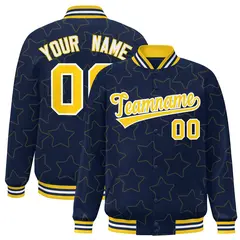 Navy Gold Star Pattern Varsity Full-Snap Letterman Baseball Jacket 1