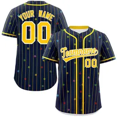 Navy Gold Stripe Star Pattern Authentic Baseball Jersey 1