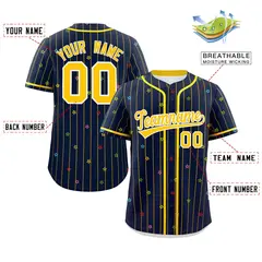 Navy Gold Stripe Star Pattern Authentic Baseball Jersey 2