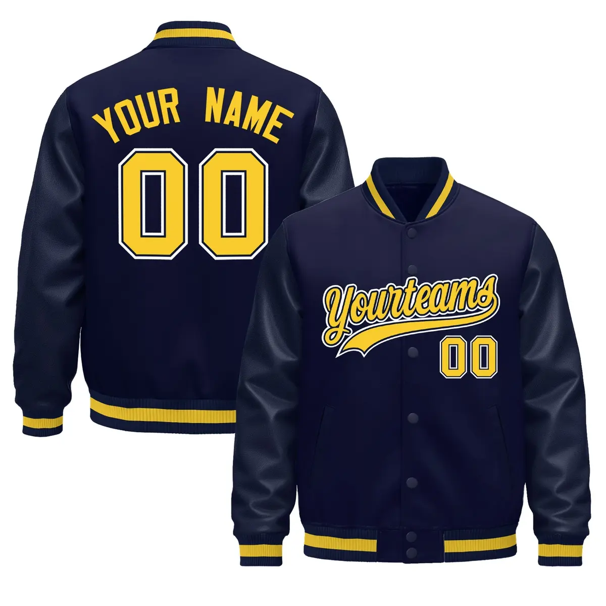 Navy Gold Varsity Jacket with Leather Sleeves Wrinkle-Resistant