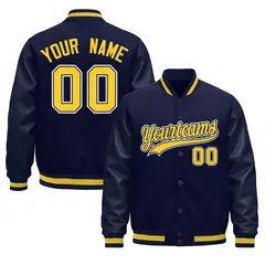 Navy Gold Varsity Jacket with Leather Sleeves Wrinkle-Resistant