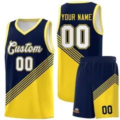 Navy Gold White Diagonal Stripes Color Block Basketball Jersey 1