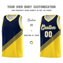 Navy Gold White Diagonal Stripes Color Block Basketball Jersey 3
