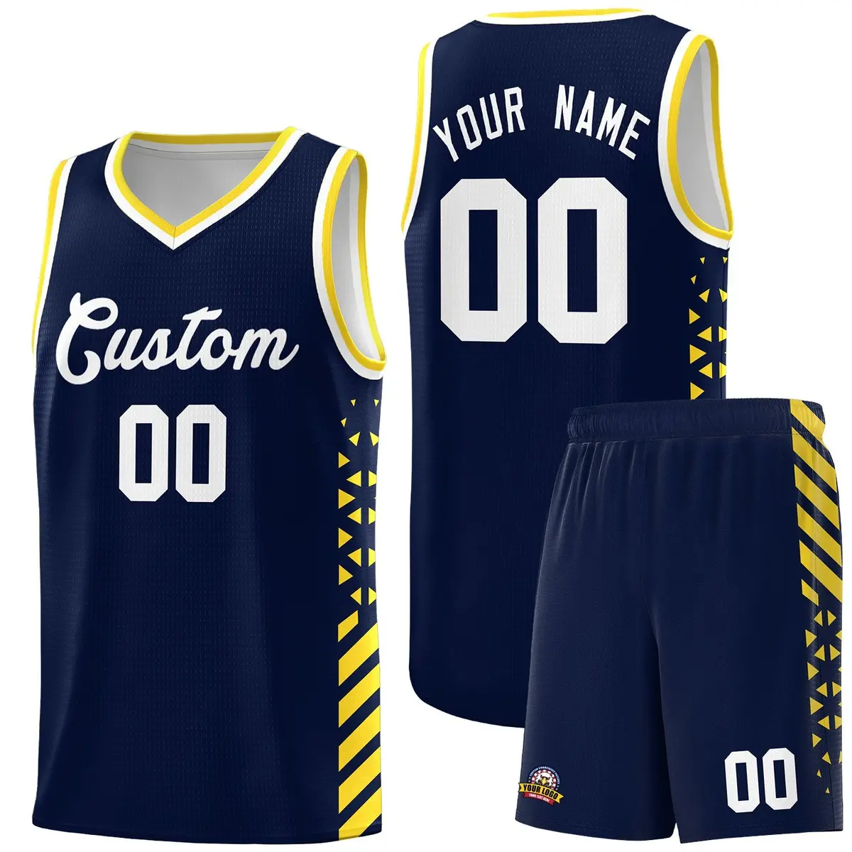 Navy Gold White Diamond Stripe Side Basketball Jersey