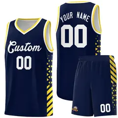 Navy Gold White Diamond Stripe Side Basketball Jersey