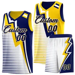 Navy Gold White Gradient Lightning Stripe Reversible Basketball Jersey Sets