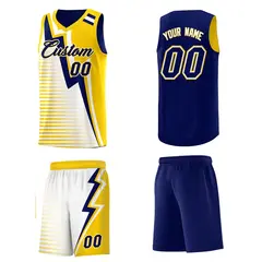 Navy Gold White Gradient Lightning Stripe Reversible Basketball Jersey Sets 5