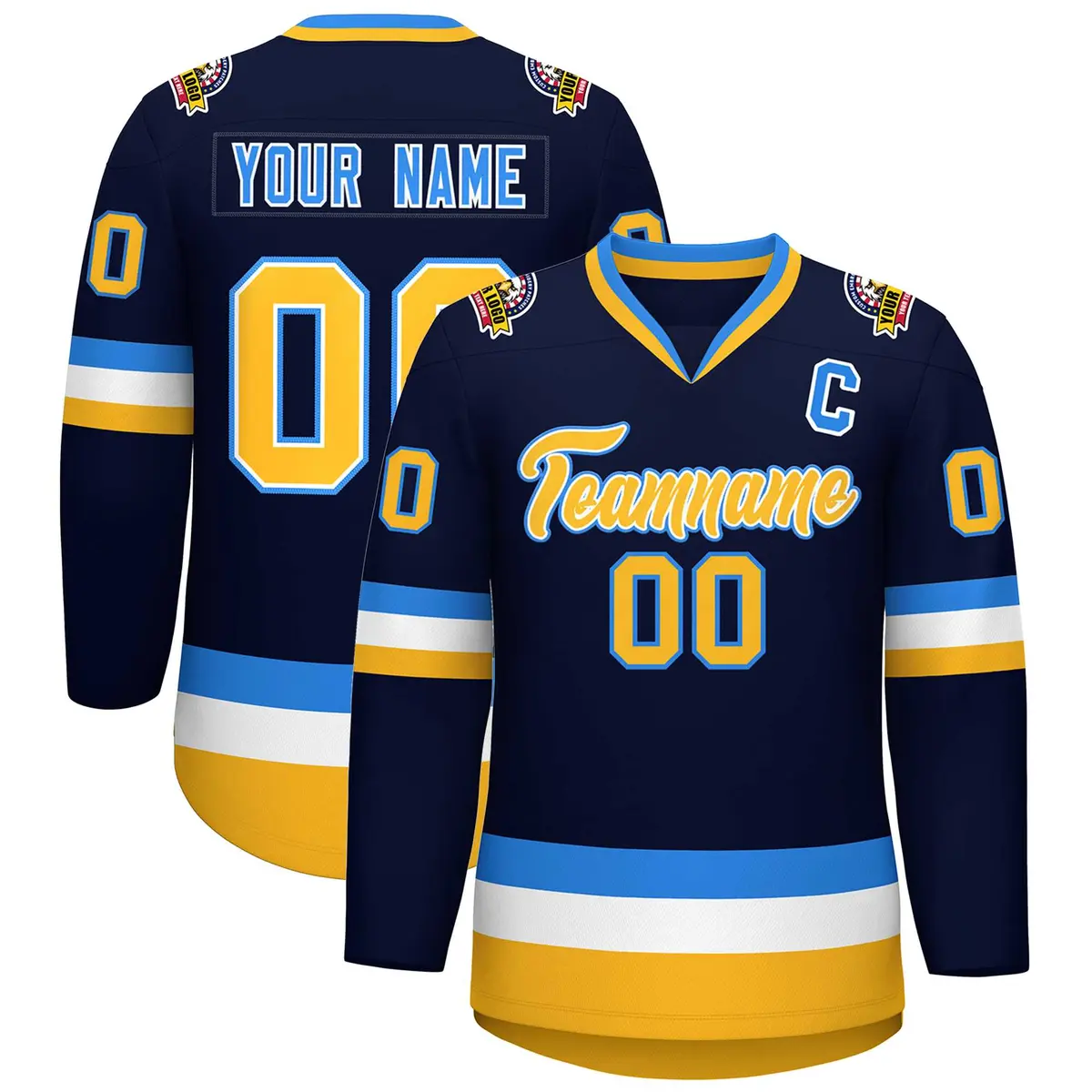 Navy Gold White-Powder Blue Classic Style Hockey Jersey
