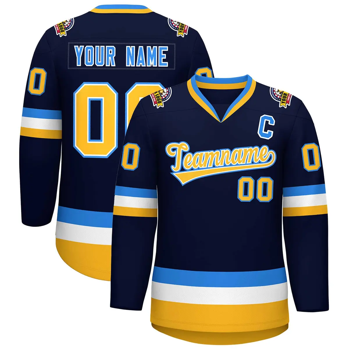Navy Gold White-Powder Blue Classic Style Hockey Jersey